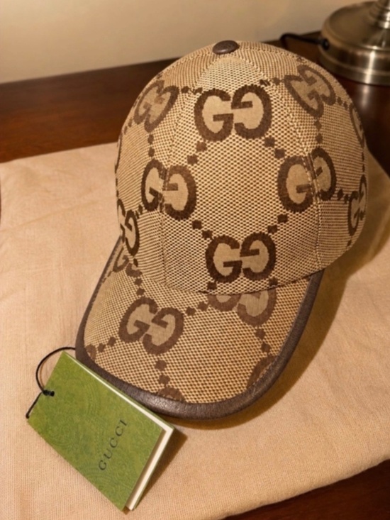 Gucci Jumbo GG Canvas Baseball Cap Hat Camel Ebony Leather Trim Authentic main image 4